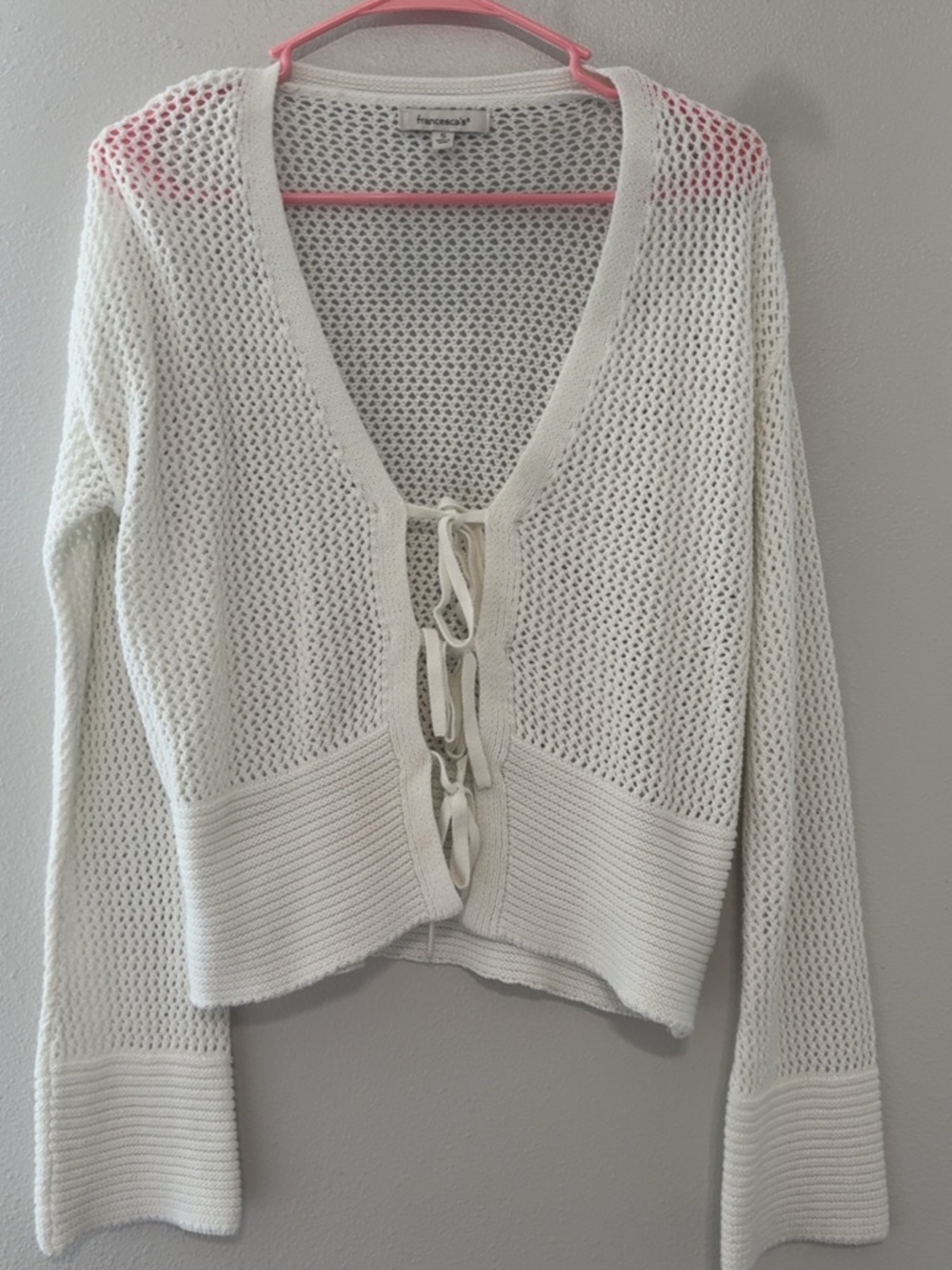 Francesca's Collections Cream Open-Knit Tie-Front V-Neck Sweater